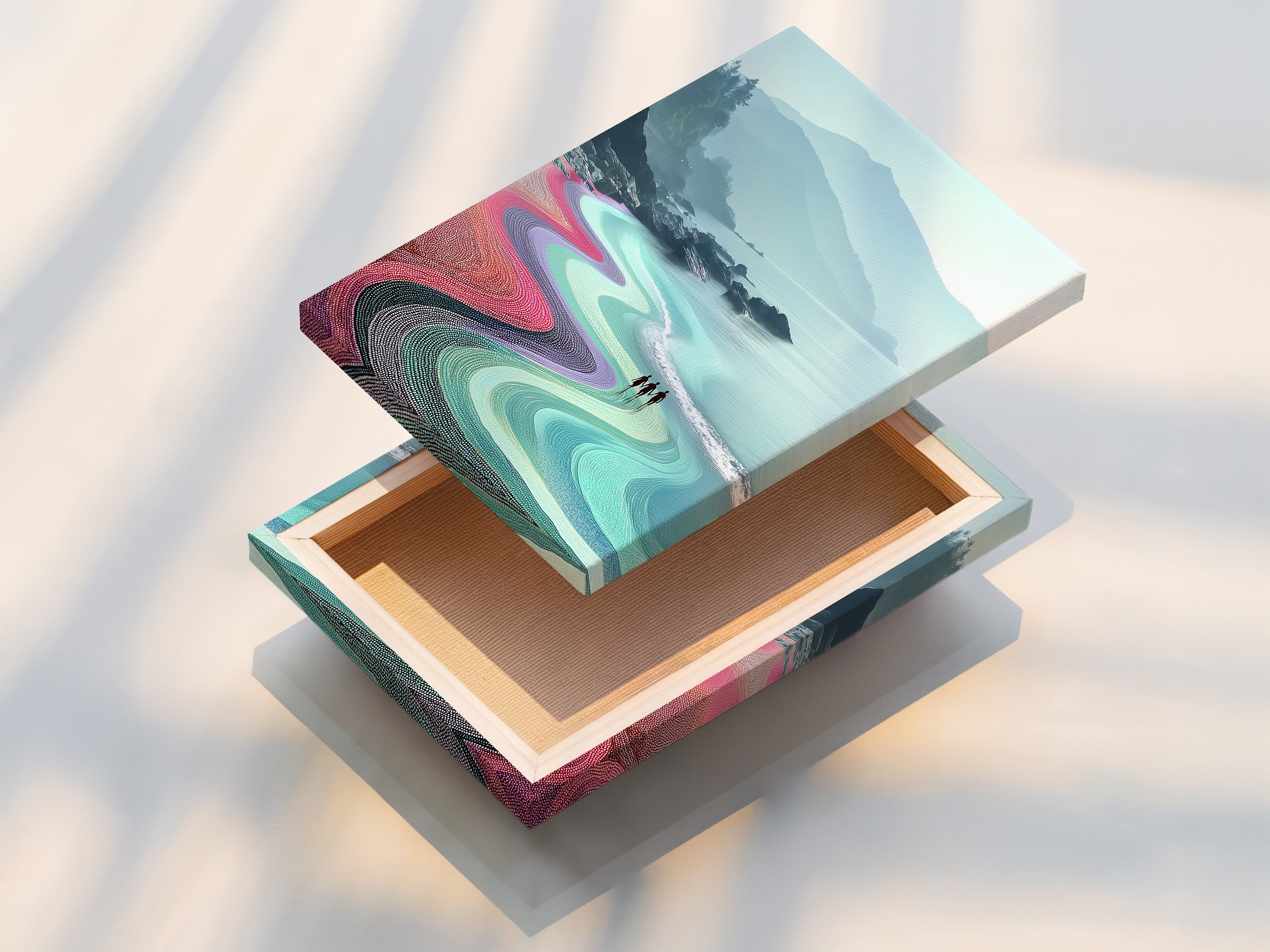 A beautifully stretched canvas print of coastal landscape artwork. The turquoise ocean wall art creates a modern seascape. Ready to hang this canvas print is ideal for bedroom wall decor. The artwork complements beach house decor.