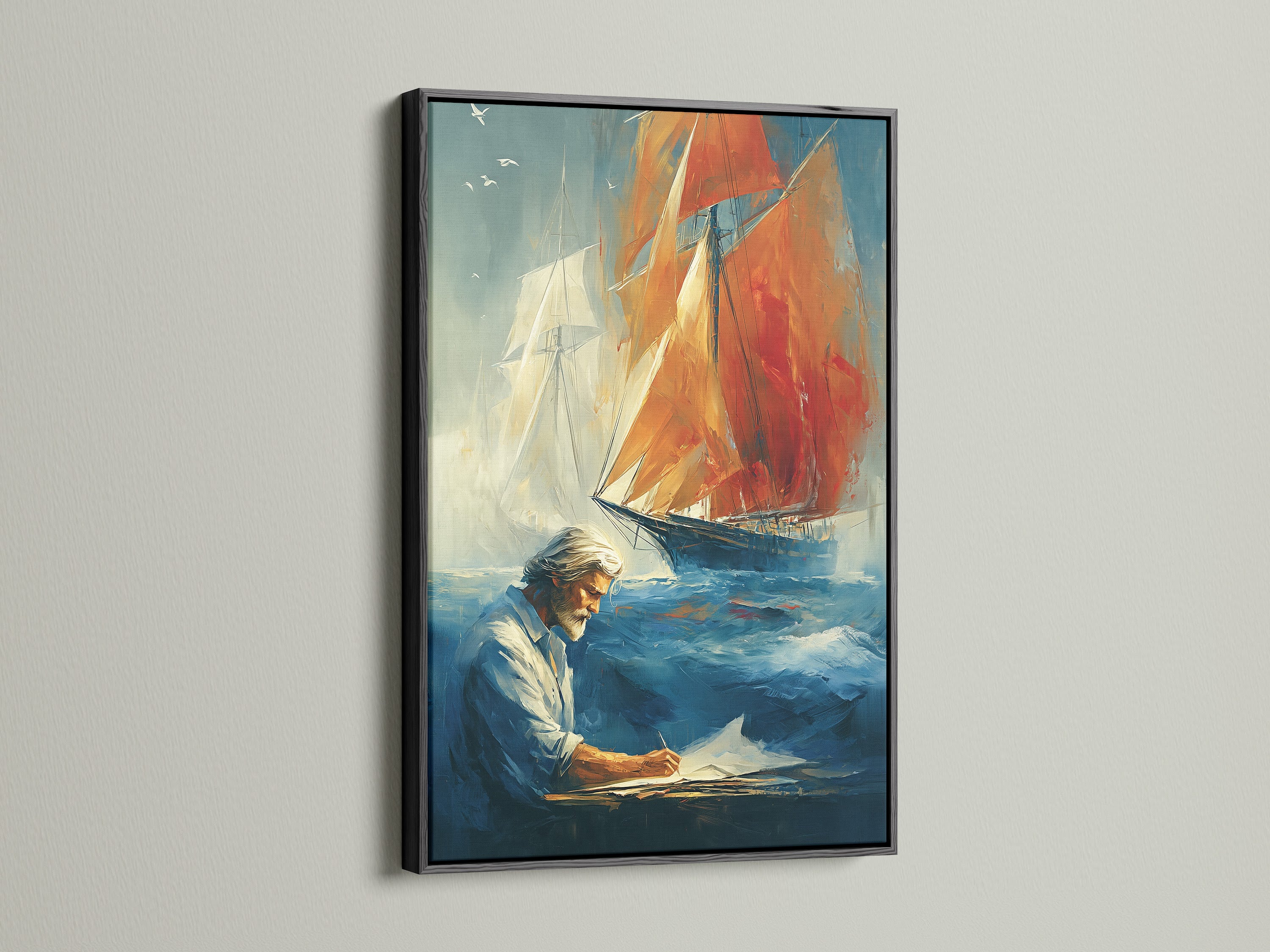 Nautical sailing art print in a black frame. This vintage maritime wall art features a captain and sailboat. The canvas is ideal for study room decor. Enhance your home with this nautical artwork. This piece is perfect for any maritime-themed space.