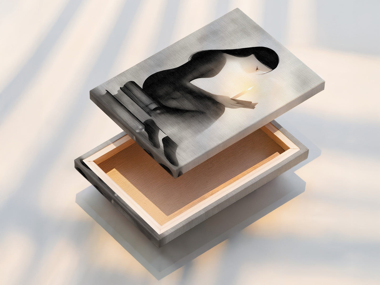 Stretched canvas print featuring a minimalist woman reading. The monochrome art is perfect for modern minimalist or Scandinavian styles. This canvas adds sophistication to any room. A great book lover gift.