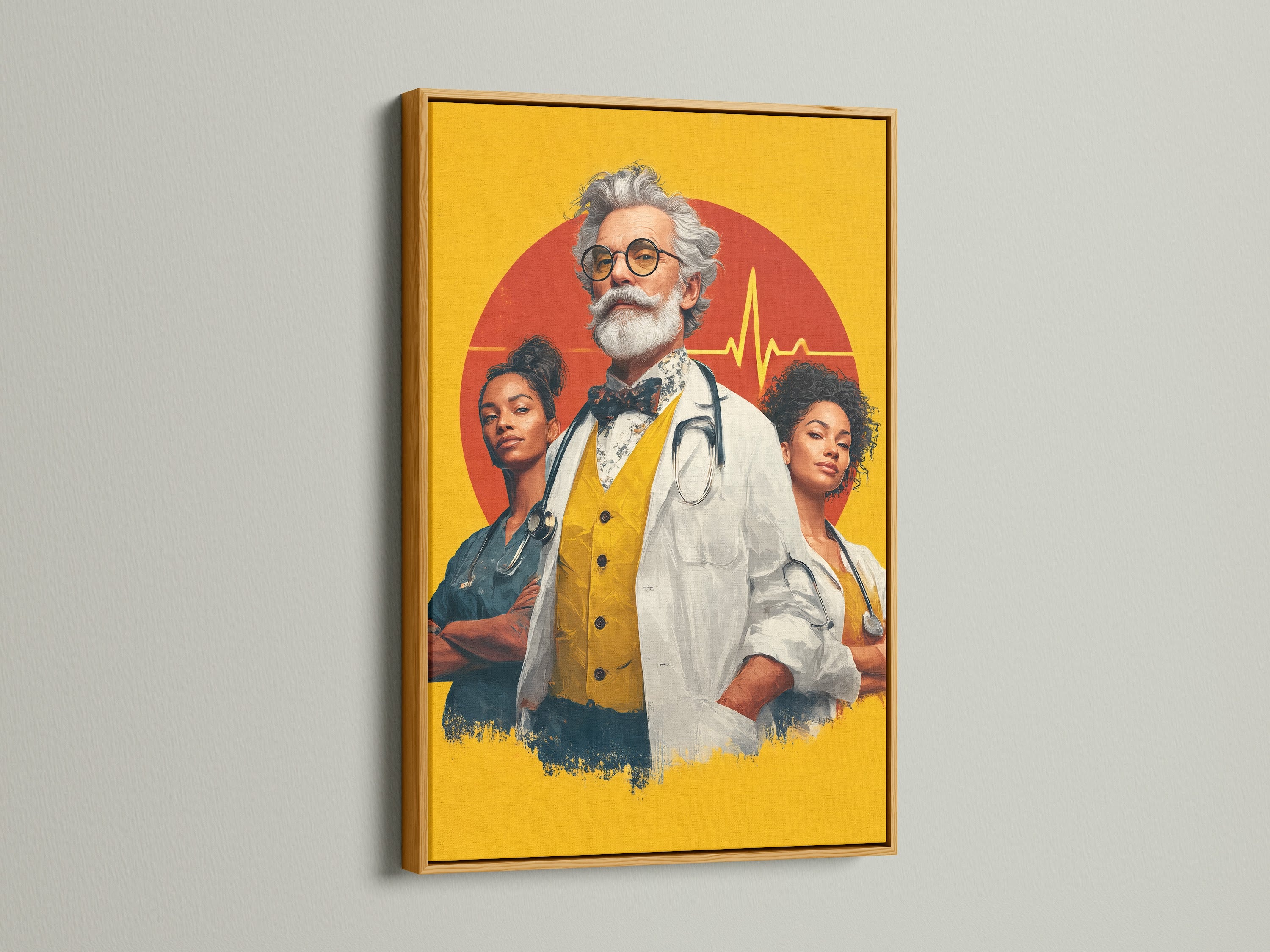 The medical team artwork is presented in a gold frame. The artwork features a doctor and nurses against a striking backdrop. The gold frame enhances the artwork's contemporary style. Great for hospital wall decor and medical artwork.