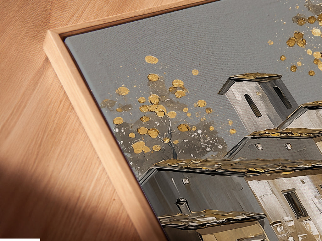 Angled close up of a canvas print in a floating frame. The floating frame gives the artwork a modern look. It appears to float within the frame. This unique frame style adds depth and dimension.