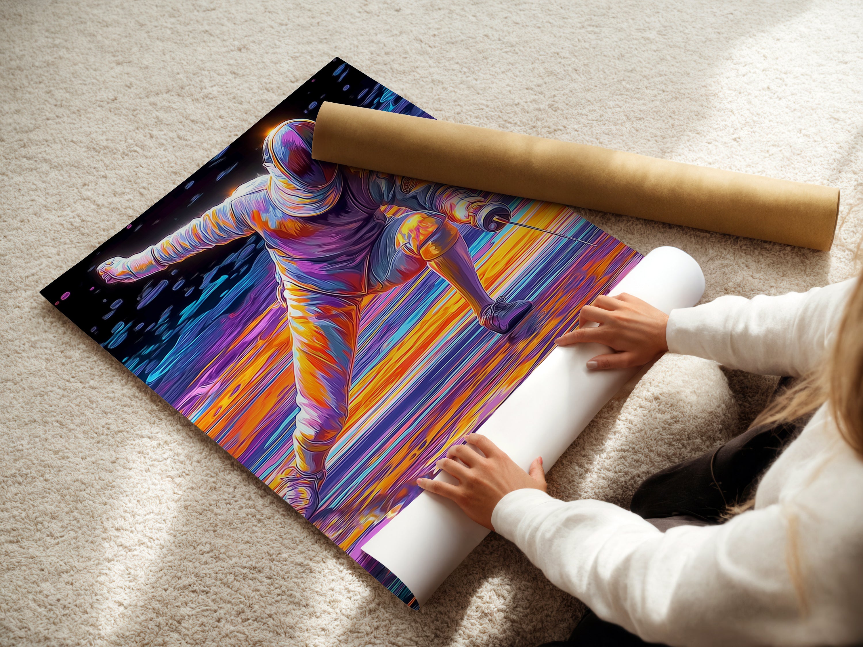 A woman is carefully rolling a fine art poster paper of the fencing sport canvas print. This abstract duelist art is perfect for modern decor. The vibrant colors and action art make it a standout piece. Ideal for framing.