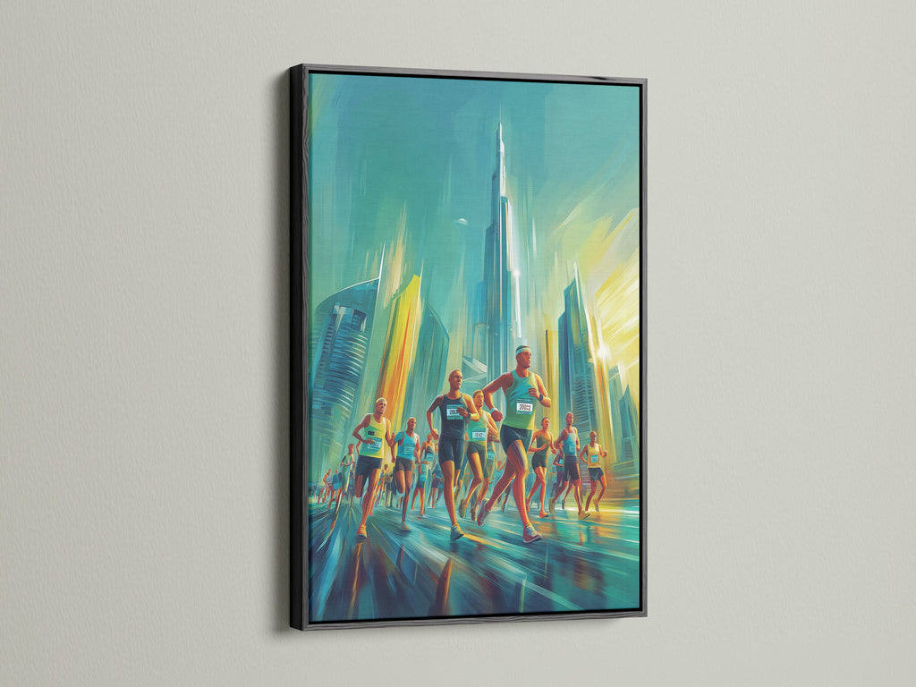 Artwork depicting a marathon race amidst skyscrapers is showcased. The art is encased in a sleek black frame. The black frame provides a bold contrast. This framed artwork adds sophistication to any space. Get your black framed artwork today