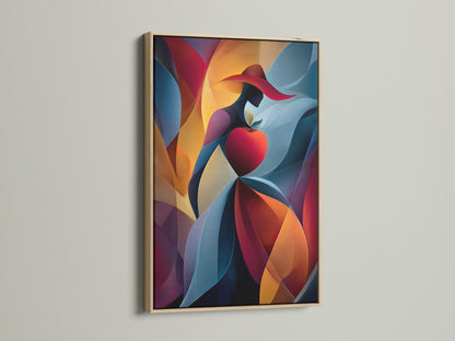 A close up on the details of the oak frame. The frame contains an abstract artwork. The artwork features a woman in a red hat holding a red apple. The color palette is bright and vibrant.