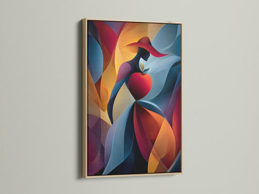 A close up on the details of the oak frame. The frame contains an abstract artwork. The artwork features a woman in a red hat holding a red apple. The color palette is bright and vibrant.