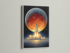 This image features a space shuttle artwork in a clean white frame. The rocket ship print is set against a planet Earth backdrop. This piece enhances office wall decor with its cosmic theme. It's perfect for those who appreciate space exploration and retro artwork.