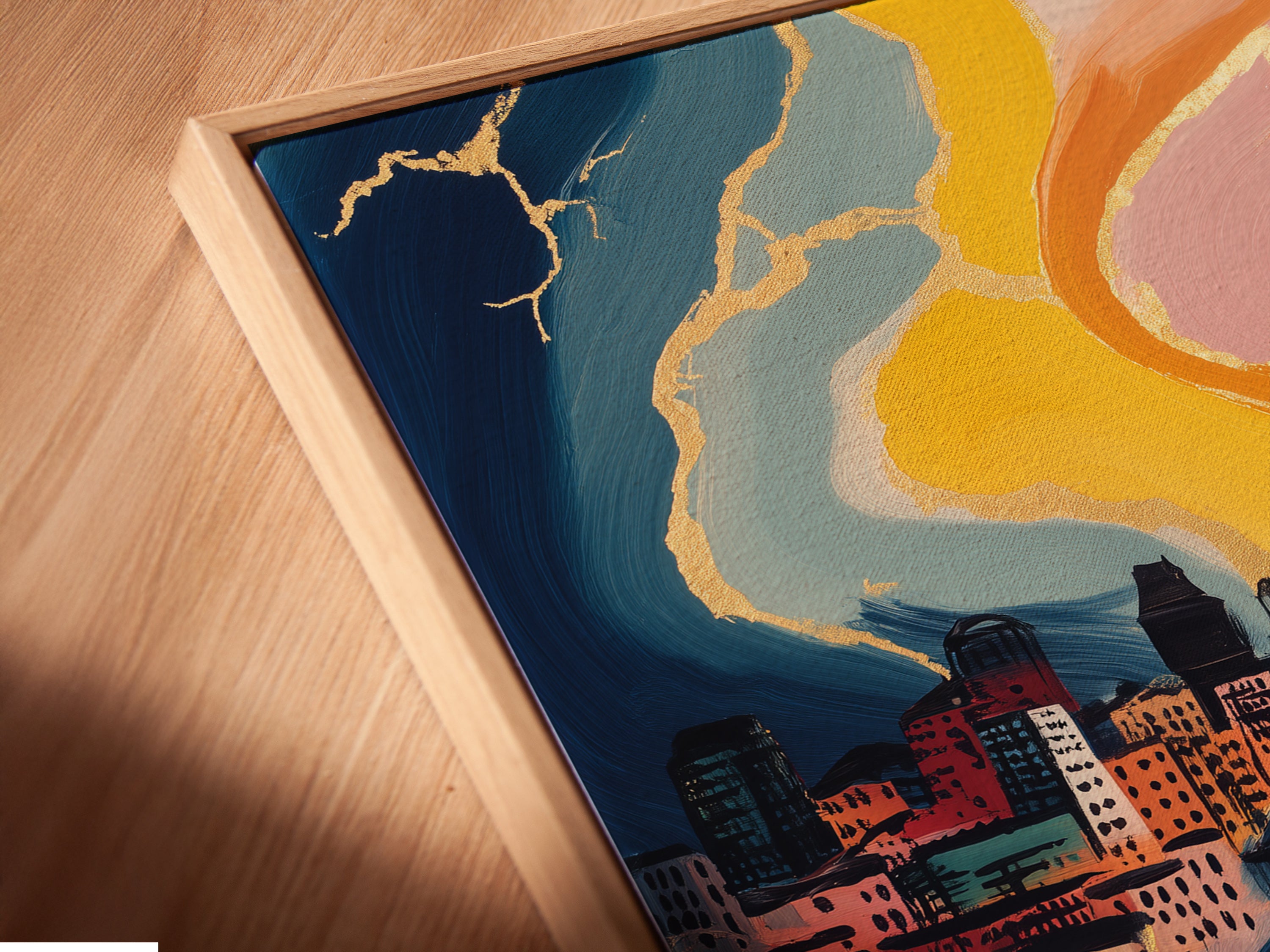 A close-up view of our canvas print in a floating frame. The angled perspective highlights the detail. The floating frame enhances the modern artwork. Perfect for adding a contemporary touch to your decor. Explore our range of urban canvas prints.