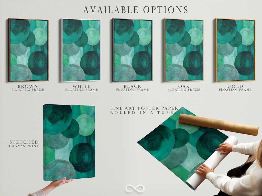 Available options include a stretched canvas print fine art poster paper and a floating frame. Choose your preferred format for the emerald green abstract art. The modern geometric circle artwork suits any style. This artwork is perfect for office spaces.