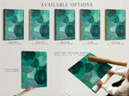 Available options include a stretched canvas print fine art poster paper and a floating frame. Choose your preferred format for the emerald green abstract art. The modern geometric circle artwork suits any style. This artwork is perfect for office spaces.