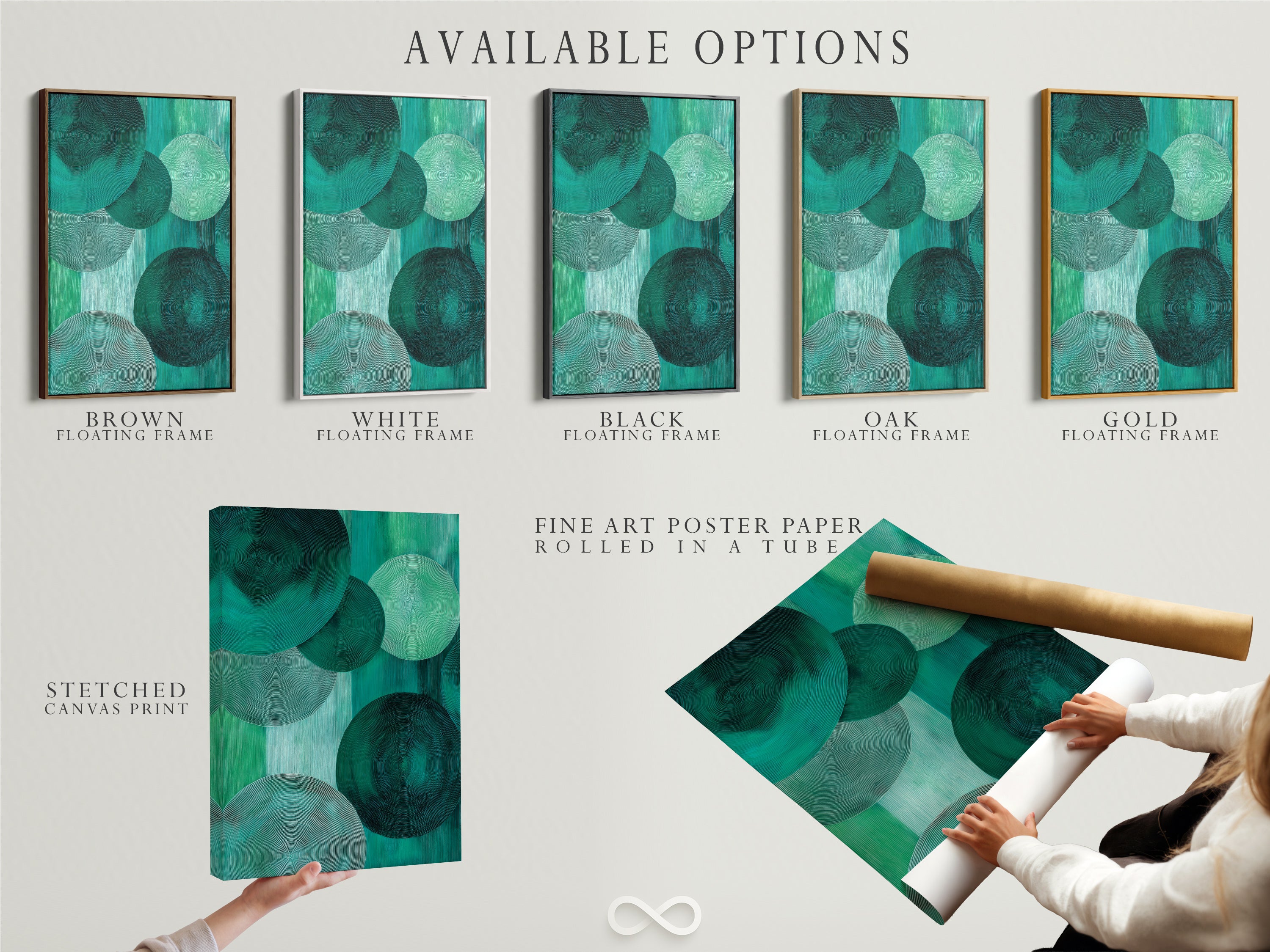 Available options include a stretched canvas print fine art poster paper and a floating frame. Choose your preferred format for the emerald green abstract art. The modern geometric circle artwork suits any style. This artwork is perfect for office spaces.