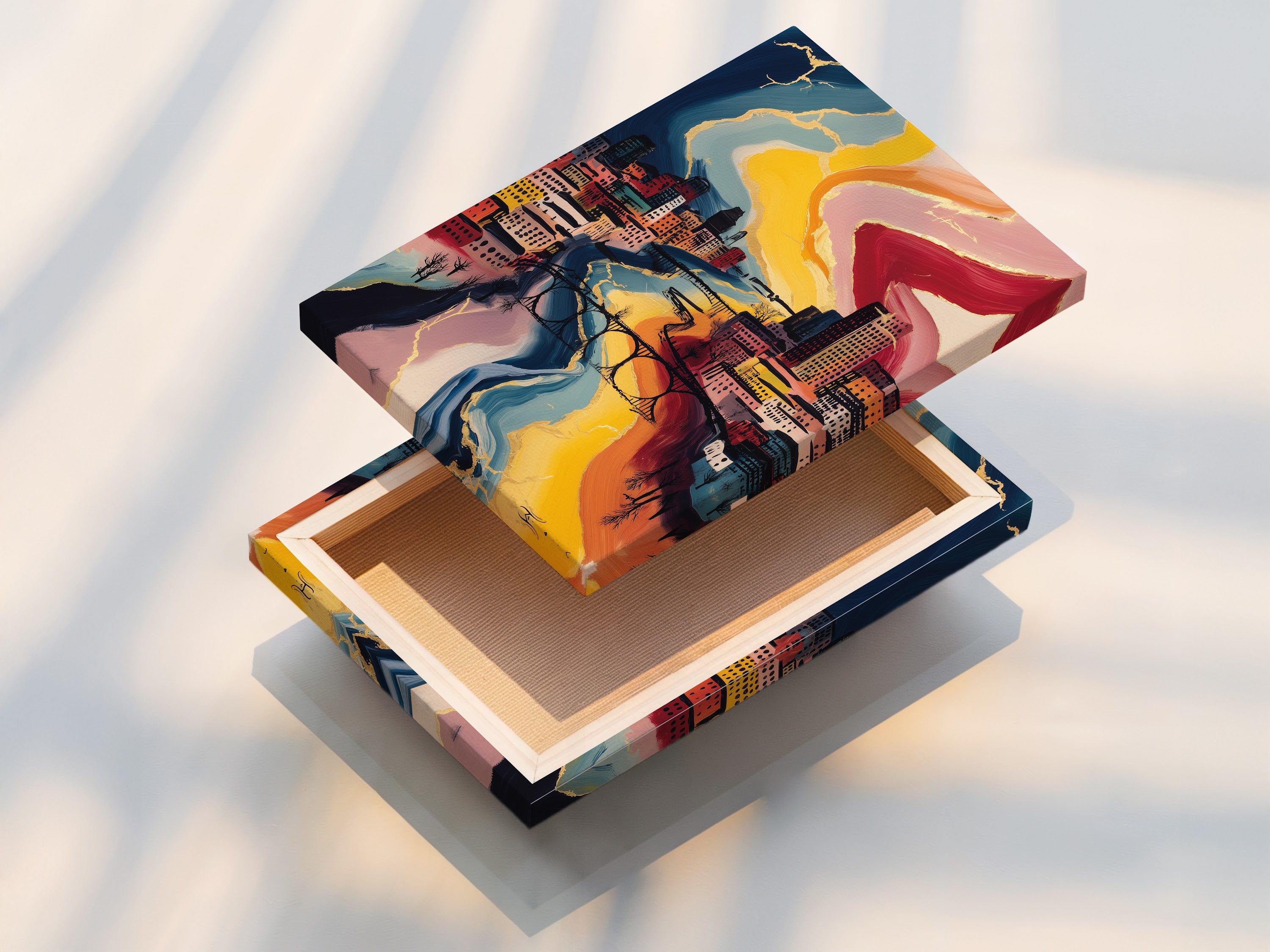 A stretched canvas print displays vibrant cityscape art. The canvas texture enhances the colorful urban artwork. Ready to hang this modern print adds style to any room. Explore the beauty of stretched canvas prints for your home or office decor.