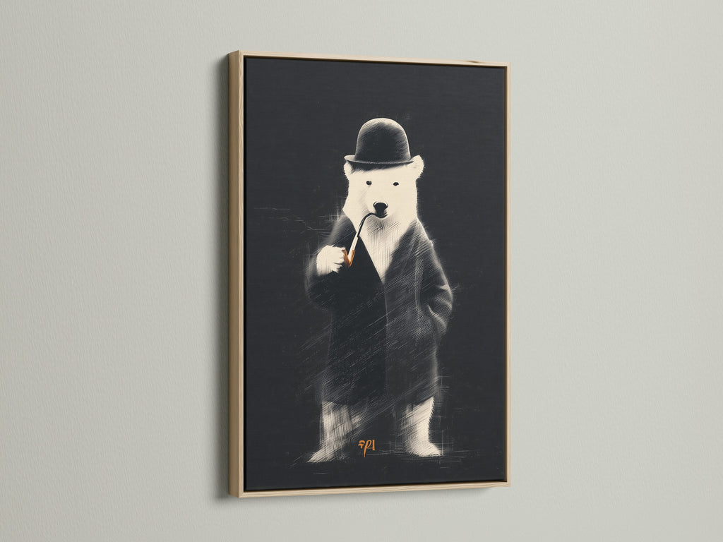 This image showcases an oak frame. The artwork features a bear in a suit. The warm tones of the oak enhance the art. It's a classic framing choice for art prints and posters.
