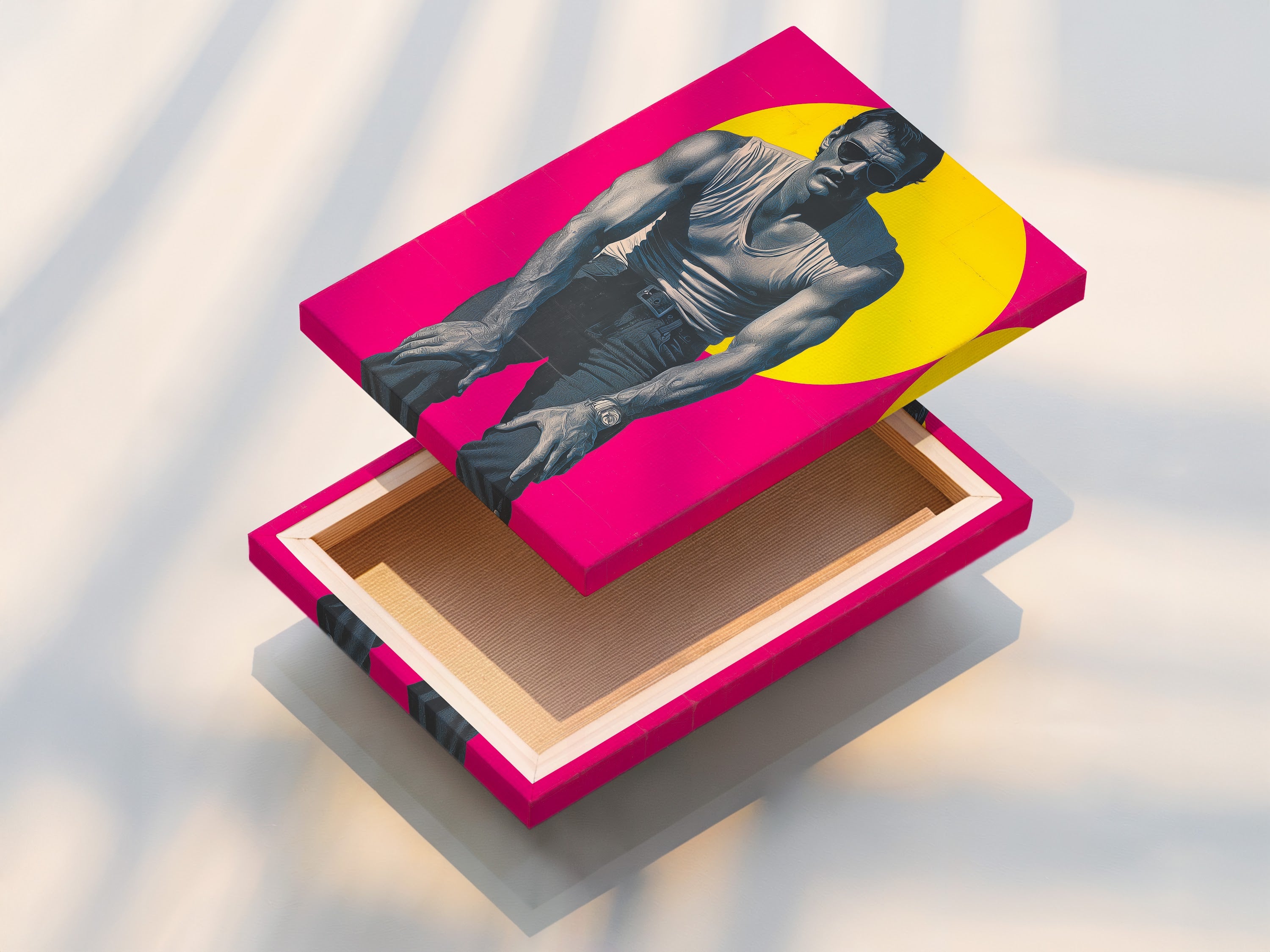 Stretched canvas print featuring retro wall art. The magenta pink pop art portrait adds a vintage touch. Great for man cave decor or bedroom wall art. This cool canvas print is ready to hang. Bring the 80s style into your home today.