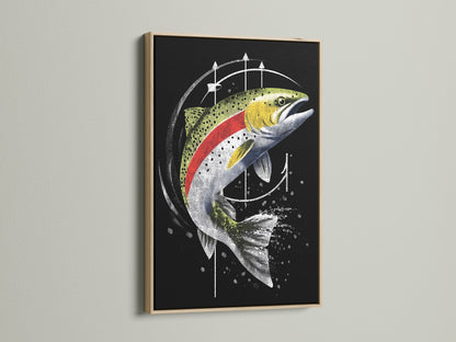 The Trout Canvas Print is showcased in an oak Frame. The fish wall art brings nature indoors. Ideal fishing decor for lake houses and man caves. The angler gift adds a rustic yet modern touch. Perfect for sportsman decor.