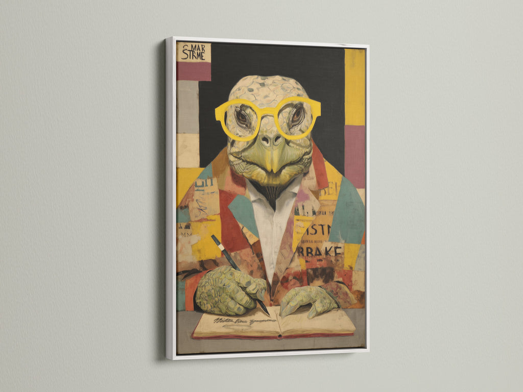 Turtle Scholar Art Print with a white frame. This retro wall art adds a classic touch. The turtle wall decor is set against a clean white frame. This vintage canvas art creates an academic decor atmosphere. Ideal for those seeking art deco or mid-century styles.