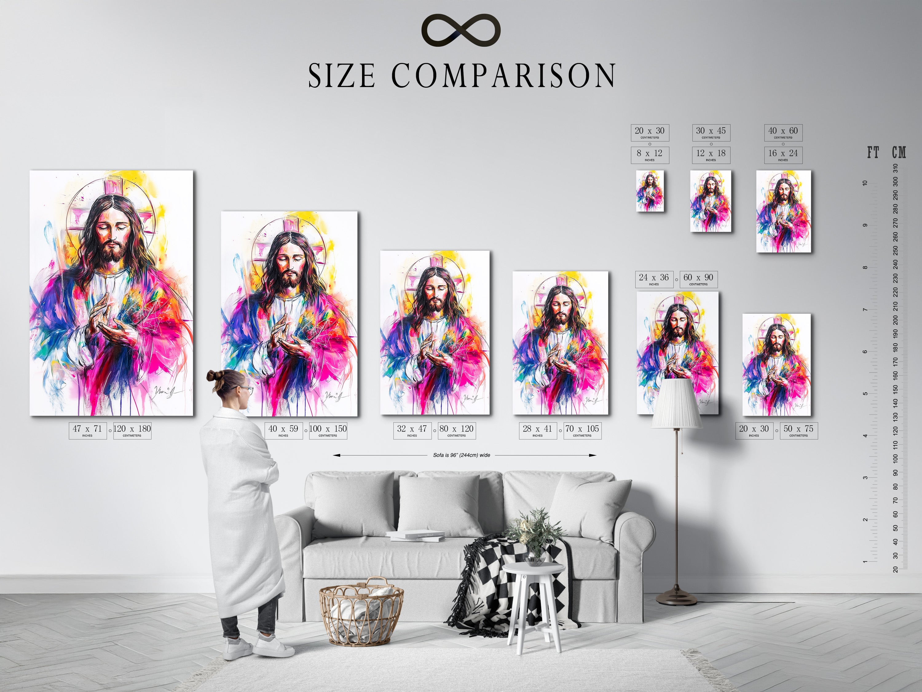 A size comparison chart is displayed in a home interior. This visual guide helps you choose the perfect size for your space. It ensures that your artwork fits seamlessly. Find the ideal size for your art.