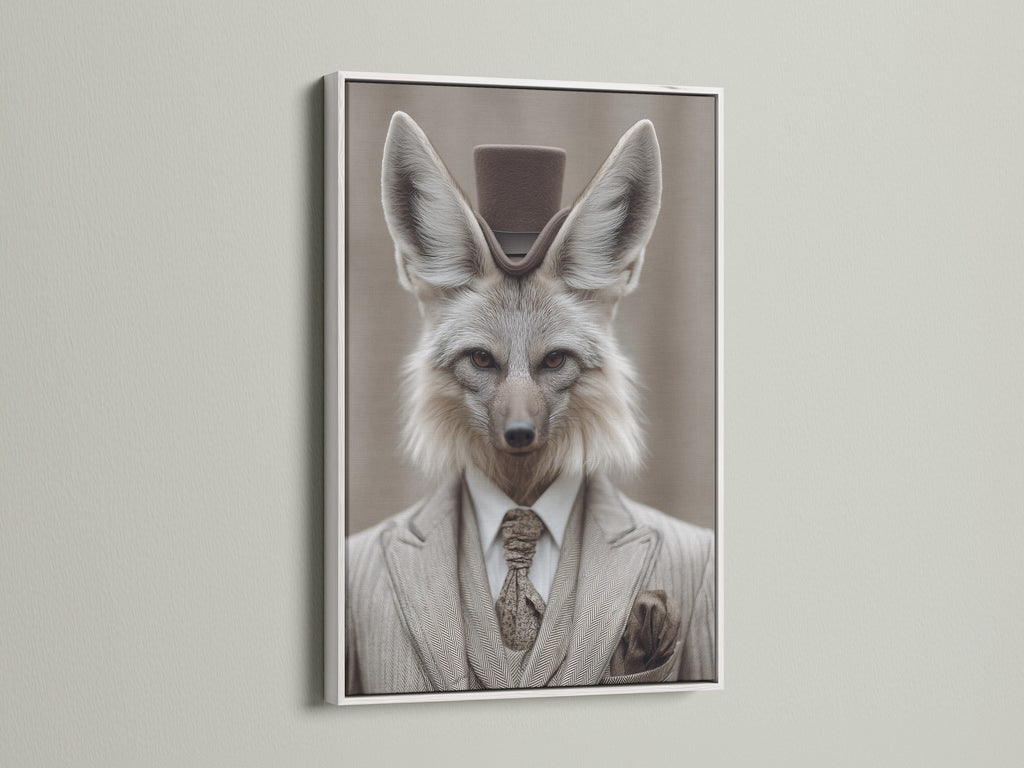 Fox Gentleman Canvas Print with a white frame. This dapper animal wall artwork adds a touch of Victorian style to any study room. A white frame offers a clean and modern contrast to the vintage artwork.  The artwork features a fox in a suit and top hat. Perfect for adding character to studies libraries or offices.
