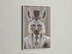 Fox Gentleman Canvas Print with a white frame. This dapper animal wall artwork adds a touch of Victorian style to any study room. A white frame offers a clean and modern contrast to the vintage artwork.  The artwork features a fox in a suit and top hat. Perfect for adding character to studies libraries or offices.
