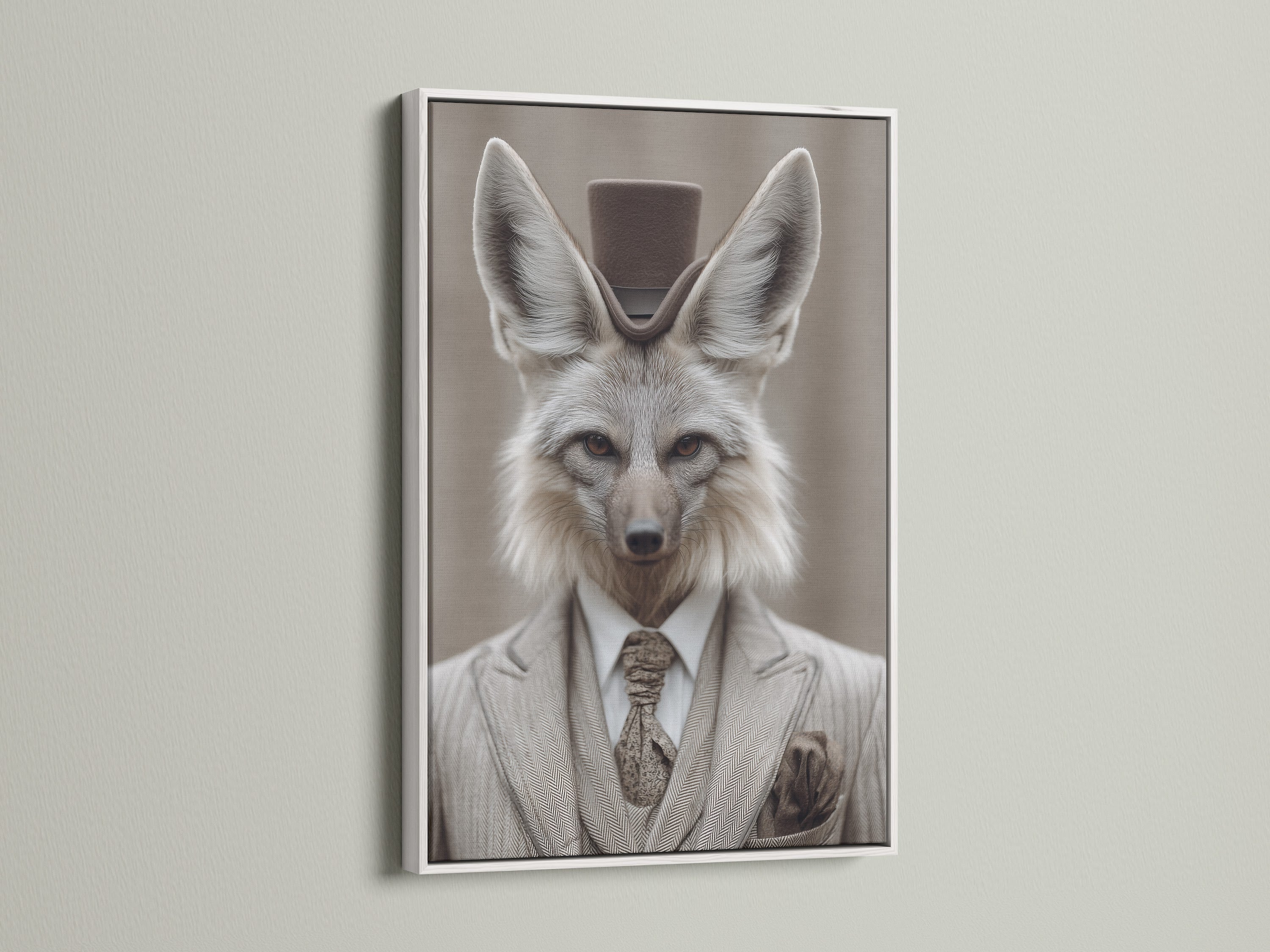 Fox Gentleman Canvas Print with a white frame. This dapper animal wall artwork adds a touch of Victorian style to any study room. A white frame offers a clean and modern contrast to the vintage artwork.  The artwork features a fox in a suit and top hat. Perfect for adding character to studies libraries or offices.