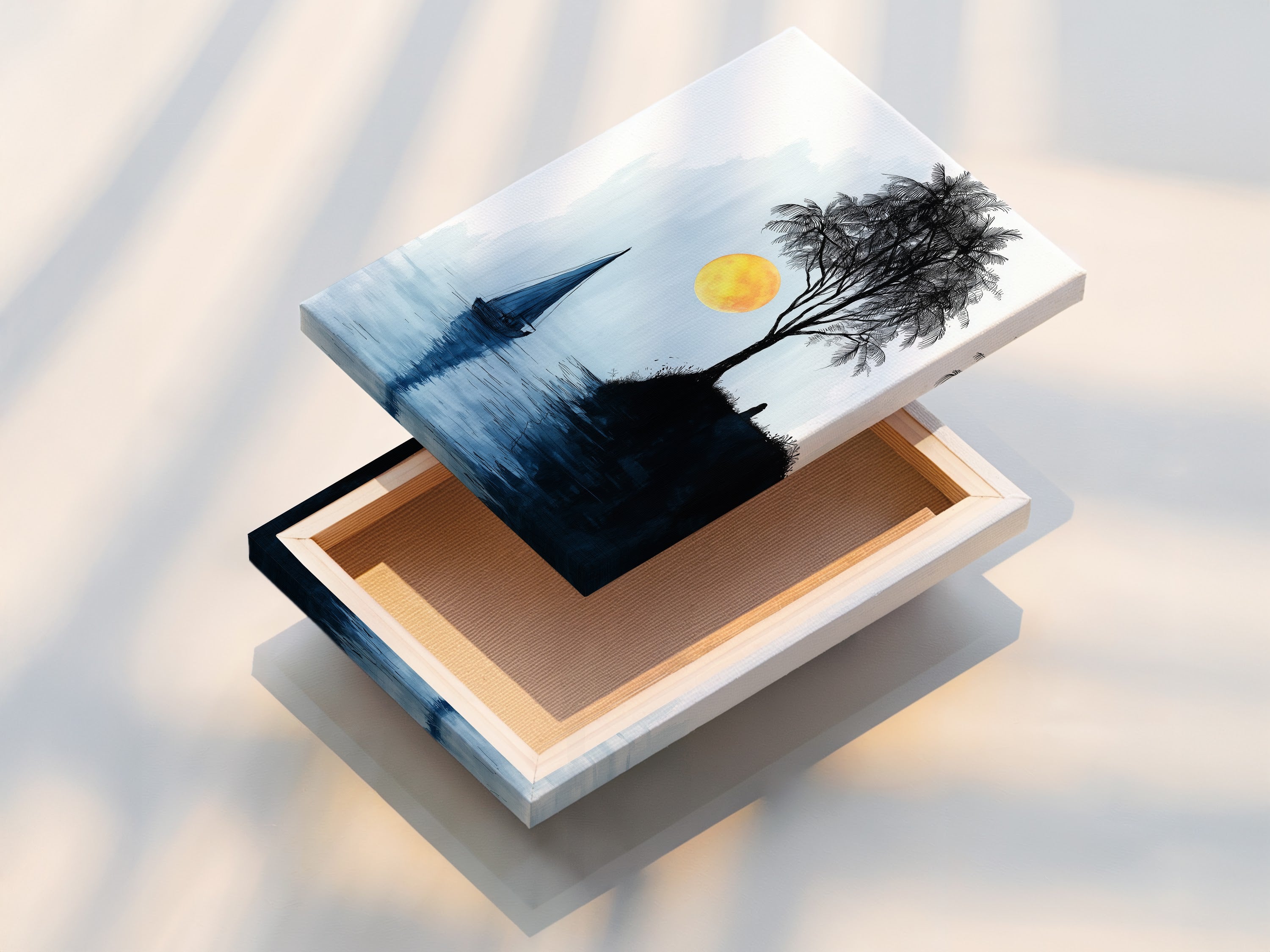 A stretched canvas print displays a serene seascape artwork. The sailboat and sunlit tree create a calming atmosphere. This coastal wall art is ready to hang and enjoy. The stretched canvas provides a gallery like appearance. Perfect for adding a touch of nautical charm to any room. Explore our canvas print options.