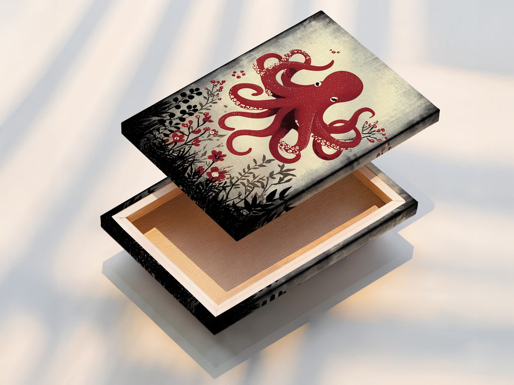 A stretched canvas print of the red octopus artwork. This ready-to-hang option brings instant coastal charm. Perfect for homeowners and boutique owners. Add marine biology inspiration to your walls. Buy Now.