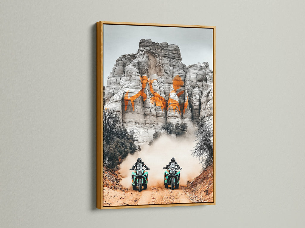 Bring a touch of luxury with desert adventure art. This sports canvas print features motorcycle racing wall art. The artwork is displayed in a gold frame. Perfect man cave decor for homeowners and sports fans seeking industrial or rustic styles. Add adventure wall art to your garage or sports bar.