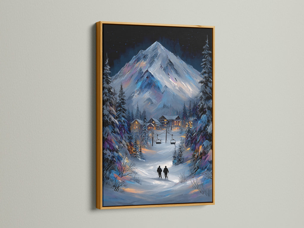 Enhance your decor with a gold frame. This winter mountain canvas artwork brings elegance to any space. The snowy alpine landscape painting creates a cozy cabin ambiance. The gold frame adds a luxurious touch to this lodge wall art.