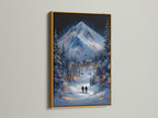 Enhance your decor with a gold frame. This winter mountain canvas artwork brings elegance to any space. The snowy alpine landscape painting creates a cozy cabin ambiance. The gold frame adds a luxurious touch to this lodge wall art.