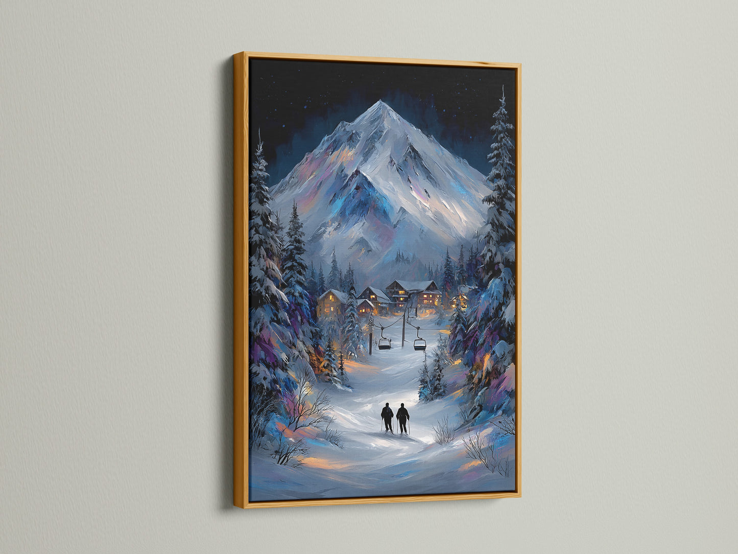 Enhance your decor with a gold frame. This winter mountain canvas artwork brings elegance to any space. The snowy alpine landscape painting creates a cozy cabin ambiance. The gold frame adds a luxurious touch to this lodge wall art.