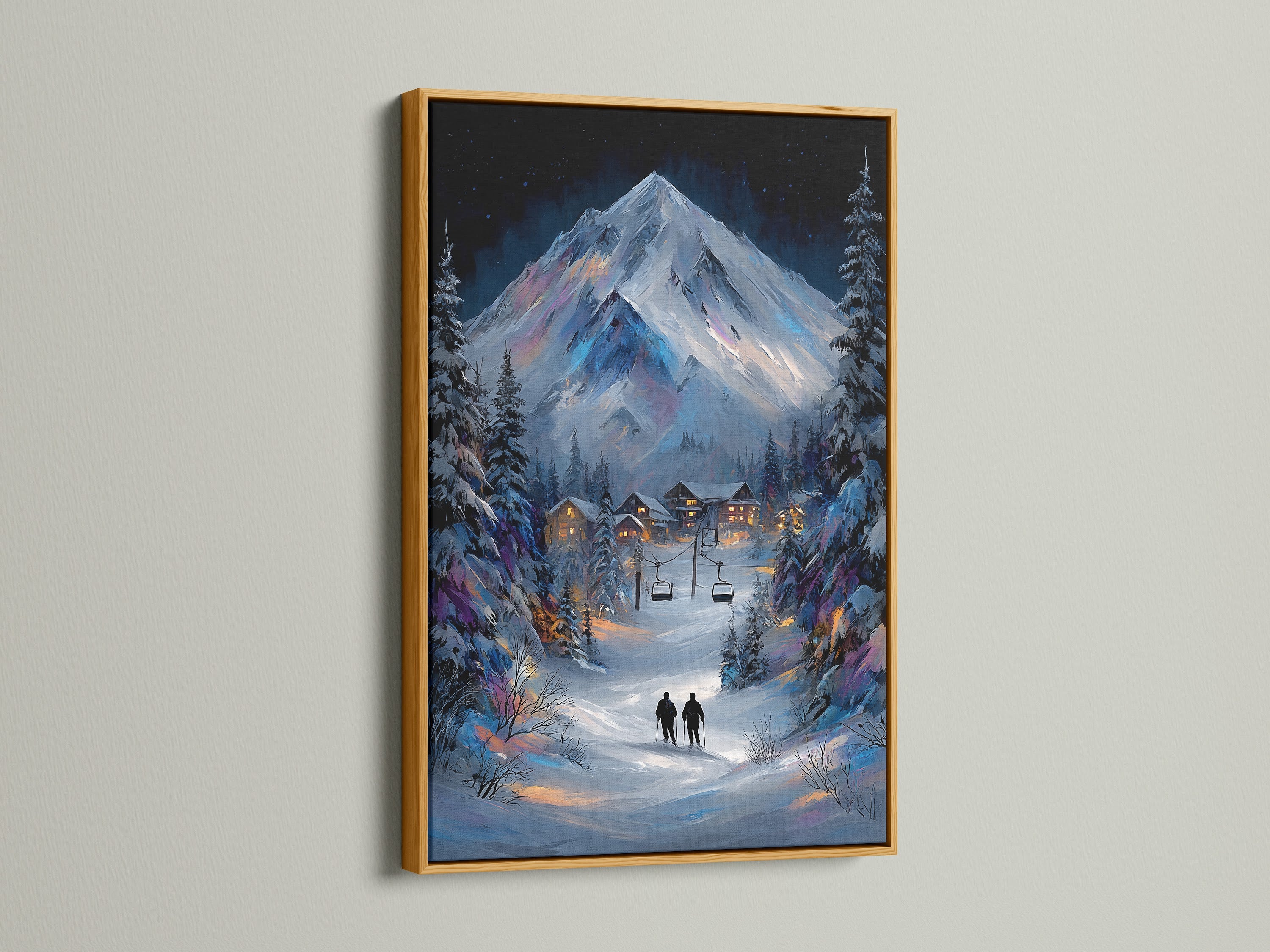 Enhance your decor with a gold frame. This winter mountain canvas artwork brings elegance to any space. The snowy alpine landscape painting creates a cozy cabin ambiance. The gold frame adds a luxurious touch to this lodge wall art.