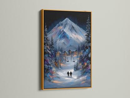 Enhance your decor with a gold frame. This winter mountain canvas artwork brings elegance to any space. The snowy alpine landscape painting creates a cozy cabin ambiance. The gold frame adds a luxurious touch to this lodge wall art.