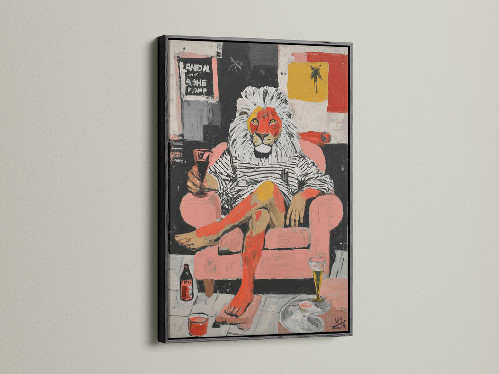 The modern lion artwork is elegantly framed in black. The mixed media art adds a touch of pop surrealism to your space. The anthropomorphic art is ideal for eclectic styles. This animal canvas is a colorful addition.