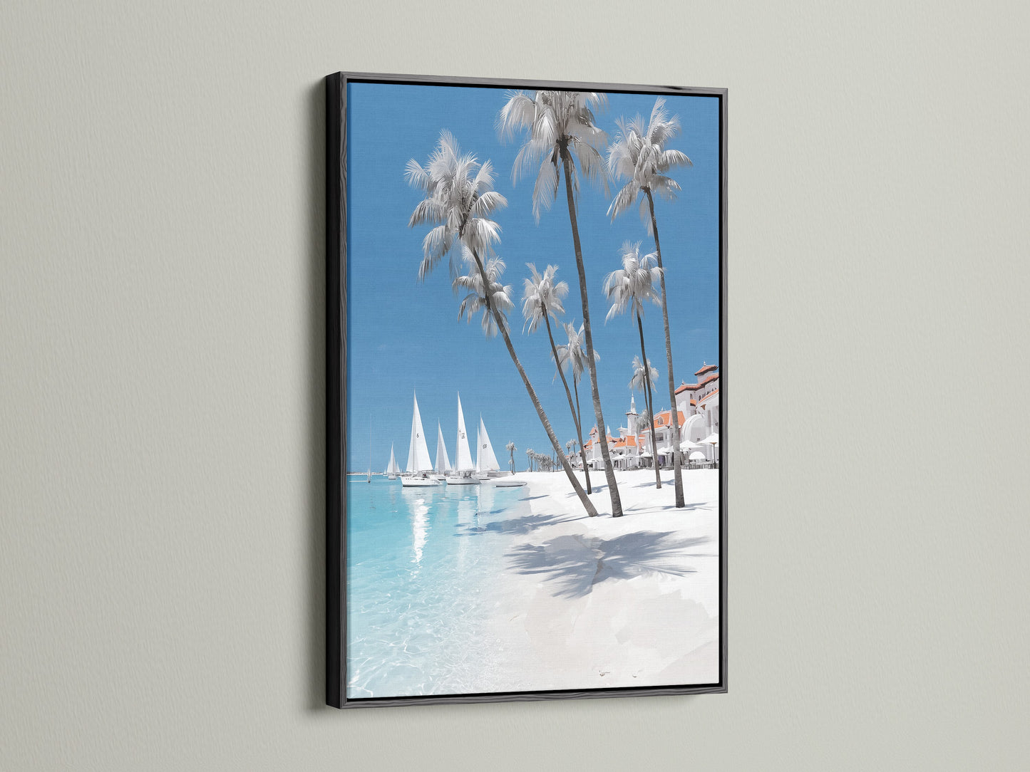 Tropical beach canvas print in a black frame. Coastal wall art for homeowners and renters. Ocean artwork elevates living rooms bedrooms and offices. Bring the beach to your space with a palm tree print. Explore our seascape print