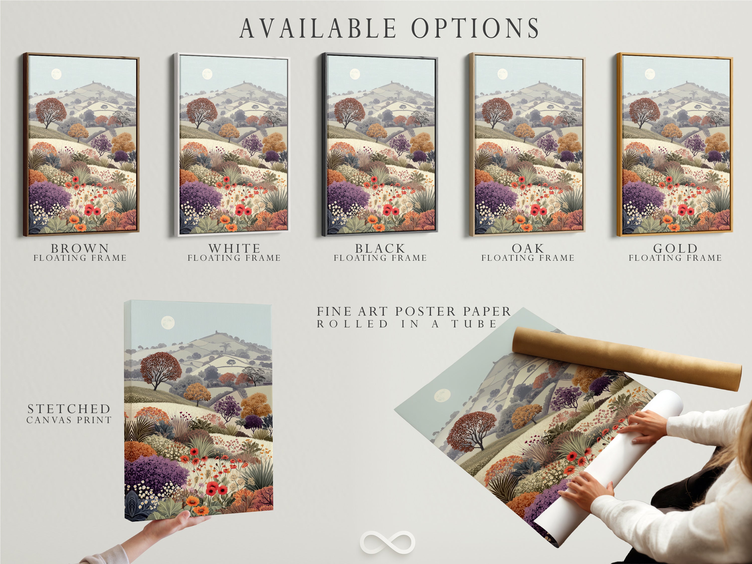 Available options for Floral Meadow artwork. Choose from a stretched canvas print fine art poster paper or a floating frame. The vintage landscape features a flower field and countryside scenery. This botanical artwork brings a touch of rural charm. Its pastel colors and wildflower print add a cottagecore feel