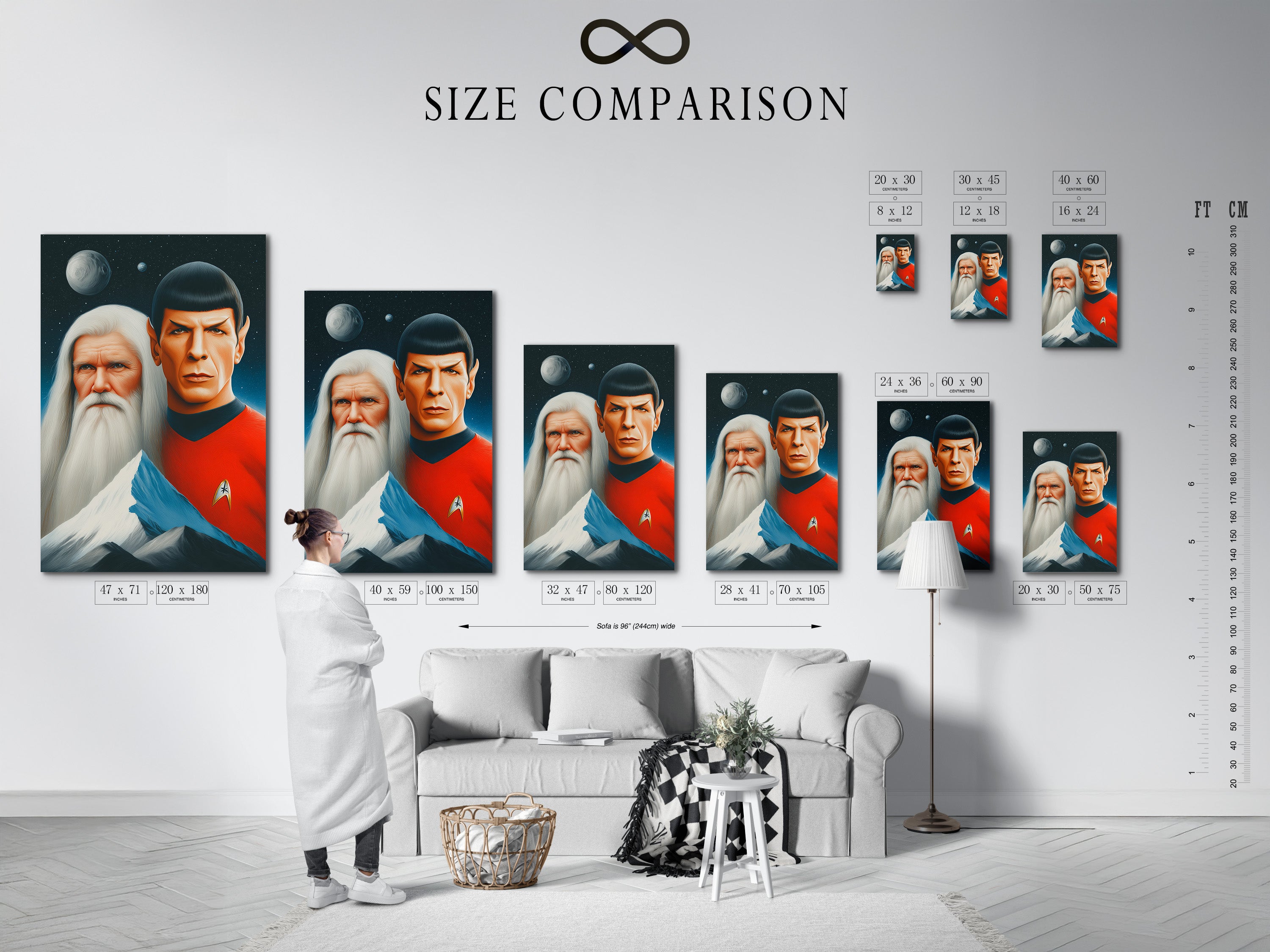 A size comparison chart is shown in an interior setting. Different sizes are available for the Star Trek Spock Vulcan art. It's perfect for various wall spaces. The chart helps visualize the perfect fit for your room. Find the ideal size for your new sci-fi wall art today. Select the perfect size Trekkie gift now.