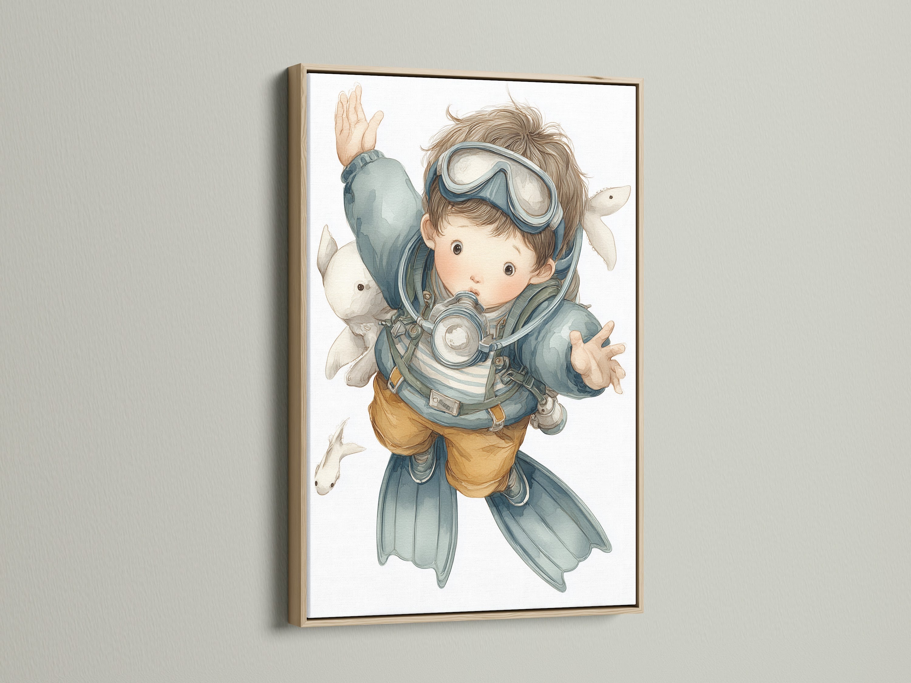 A delightful scuba diver art print is showcased in an oak frame. Ideal for an ocean themed nursery or kids room. This underwater artwork brings a sense of adventure. It's perfect for a nautical kids room or coastal wall decor. Add a touch of the sea to your child's space.