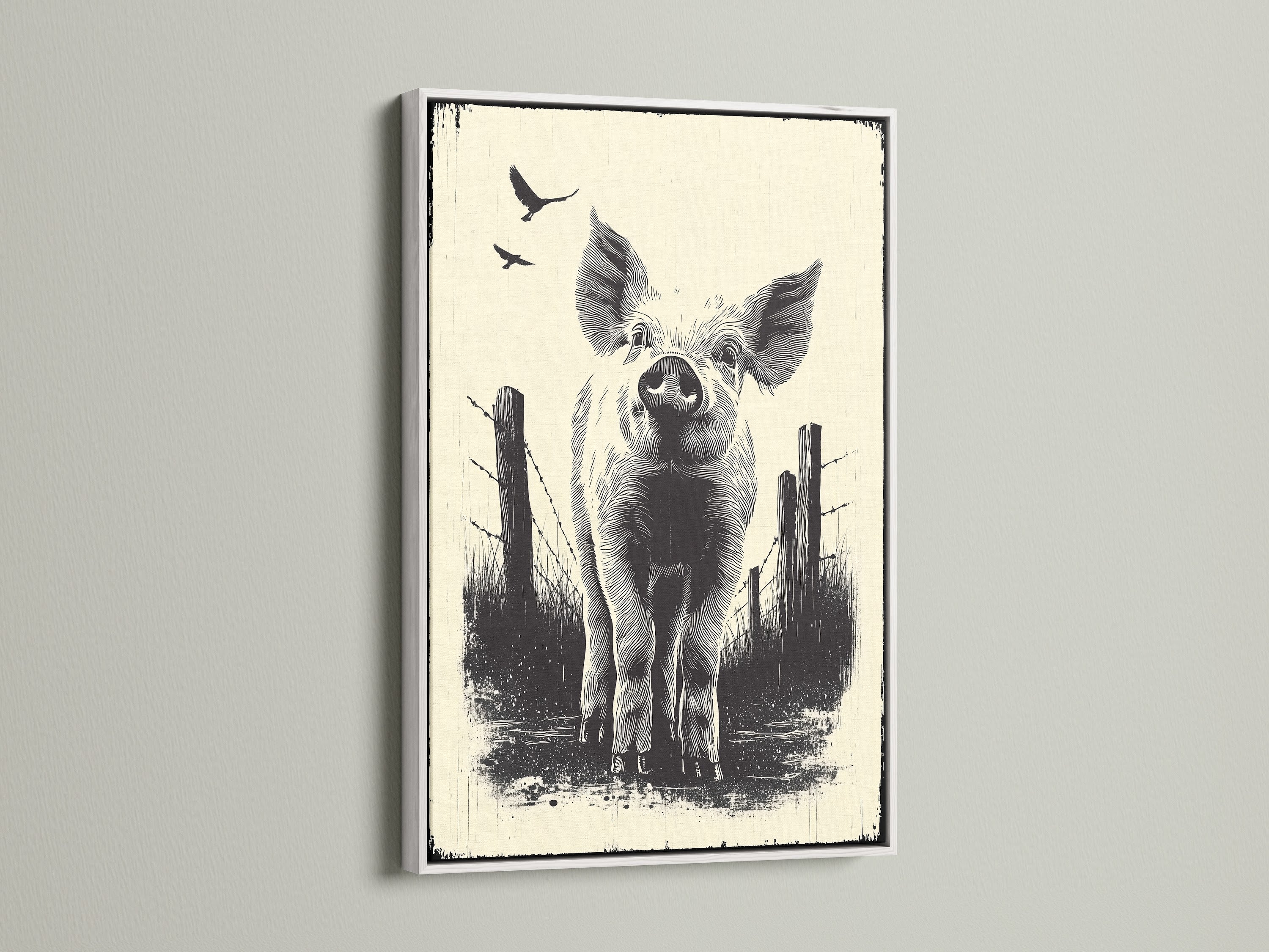 White frame displaying a pig canvas print. Add a touch of farmhouse charm with this animal wall art. The rustic country artwork complements any kitchen. A great gift for farm animal lovers.