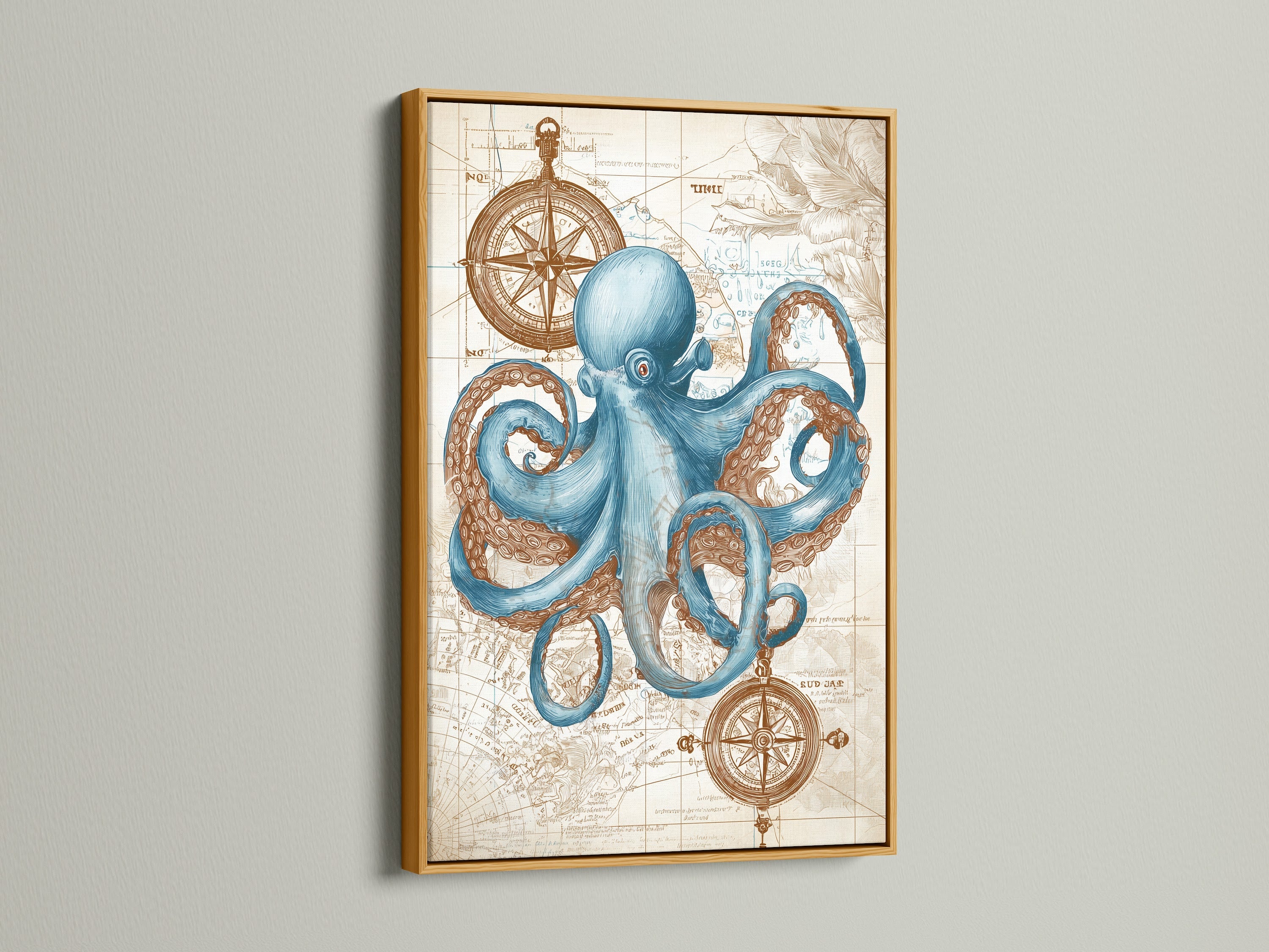 An elegant octopus artwork is presented in a gold frame. The blue octopus art is displayed against a detailed nautical map. The gold frame adds a touch of luxury and sophistication. This framed art piece enhances any room with its refined aesthetic. Ideal for those who appreciate fine art and opulent decor
