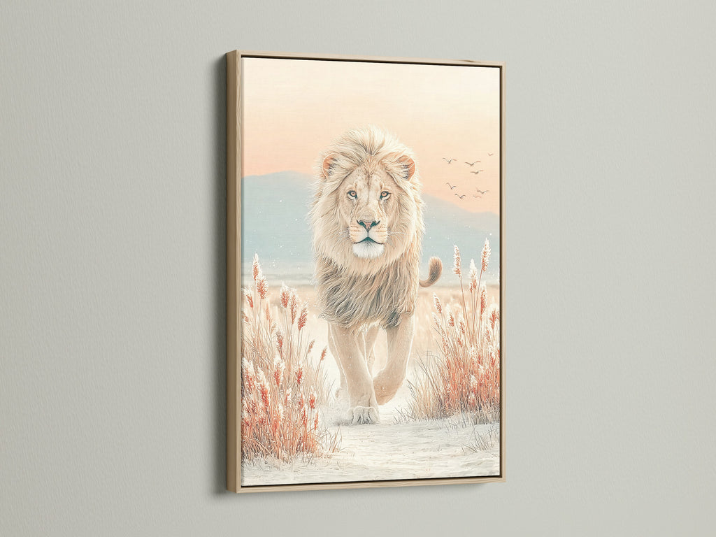 Lion artwork in an oak frame. This wildlife print brings a touch of the savanna to your home. The neutral tones and nature artwork create a calming atmosphere for bedroom decor. Perfect for those seeking contemporary wall decor. This piece complements minimalist Scandinavian and modern styles.