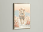 Lion artwork in an oak frame. This wildlife print brings a touch of the savanna to your home. The neutral tones and nature artwork create a calming atmosphere for bedroom decor. Perfect for those seeking contemporary wall decor. This piece complements minimalist Scandinavian and modern styles.