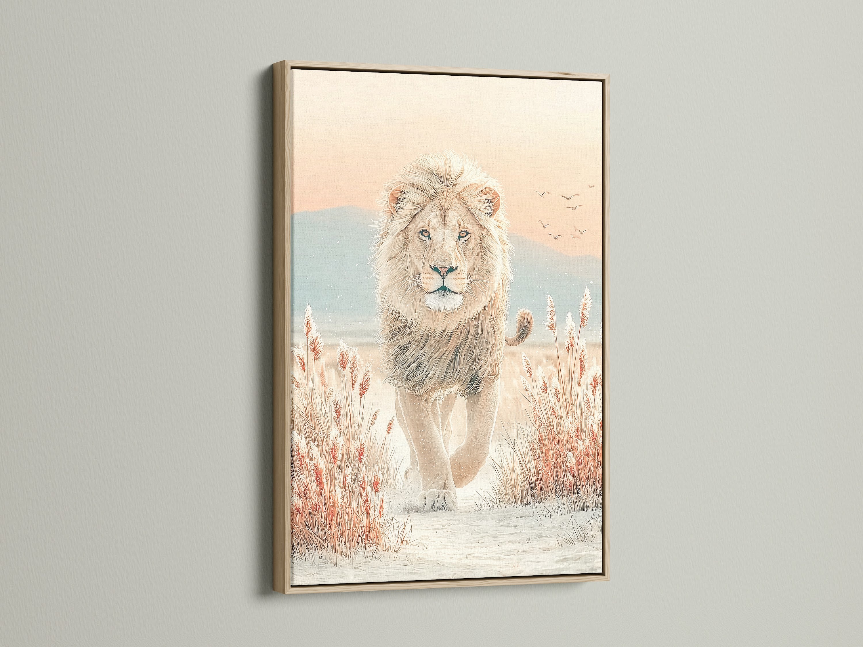 Lion artwork in an oak frame. This wildlife print brings a touch of the savanna to your home. The neutral tones and nature artwork create a calming atmosphere for bedroom decor. Perfect for those seeking contemporary wall decor. This piece complements minimalist Scandinavian and modern styles.