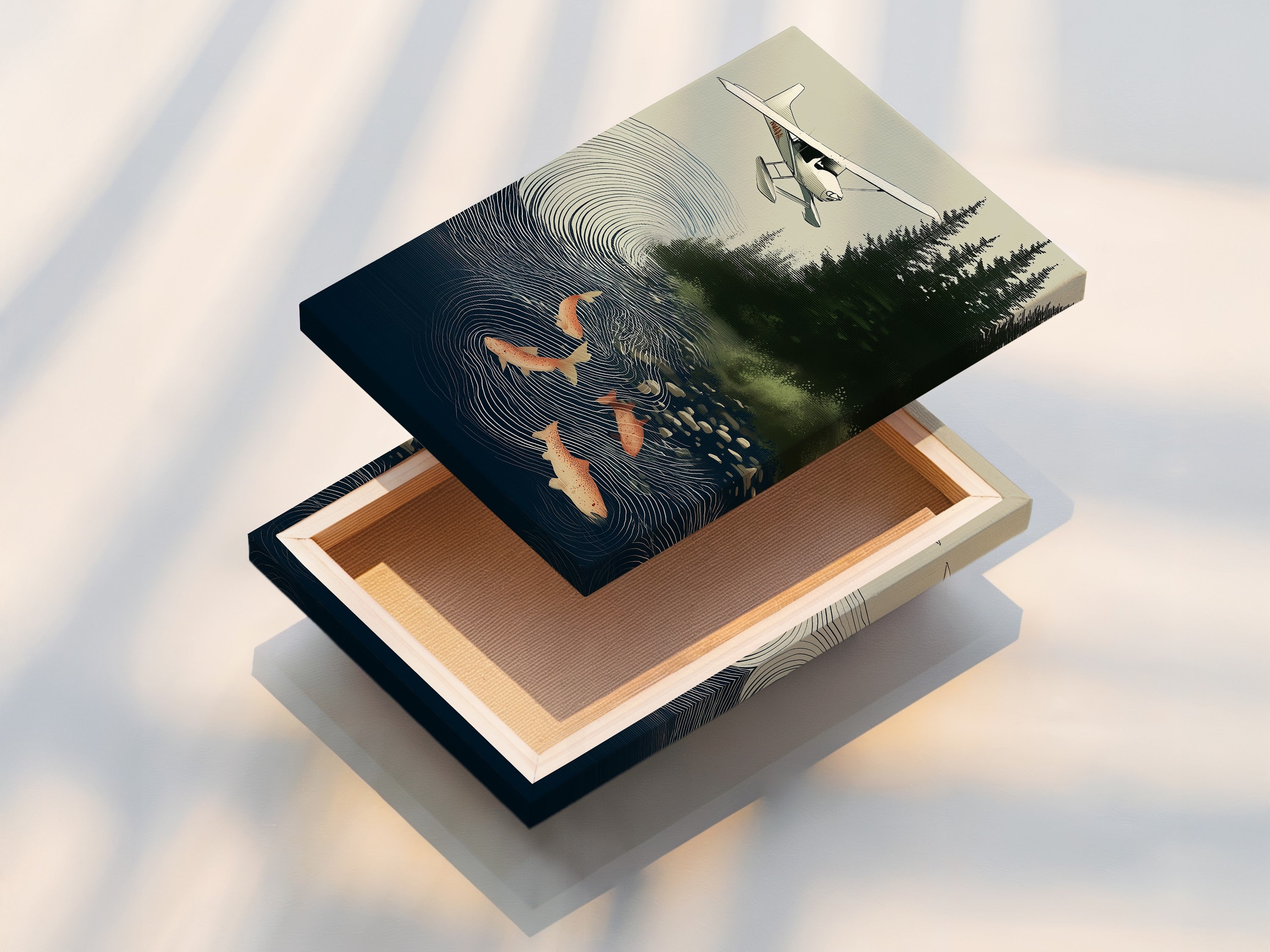 A stretched canvas print of the Seaplane & Salmon artwork. This vintage-style art is perfect for cabin decor. This rustic wall decor enhances any space. The fishing wall art brings a touch of nature indoors. It's a great sportsman gift.