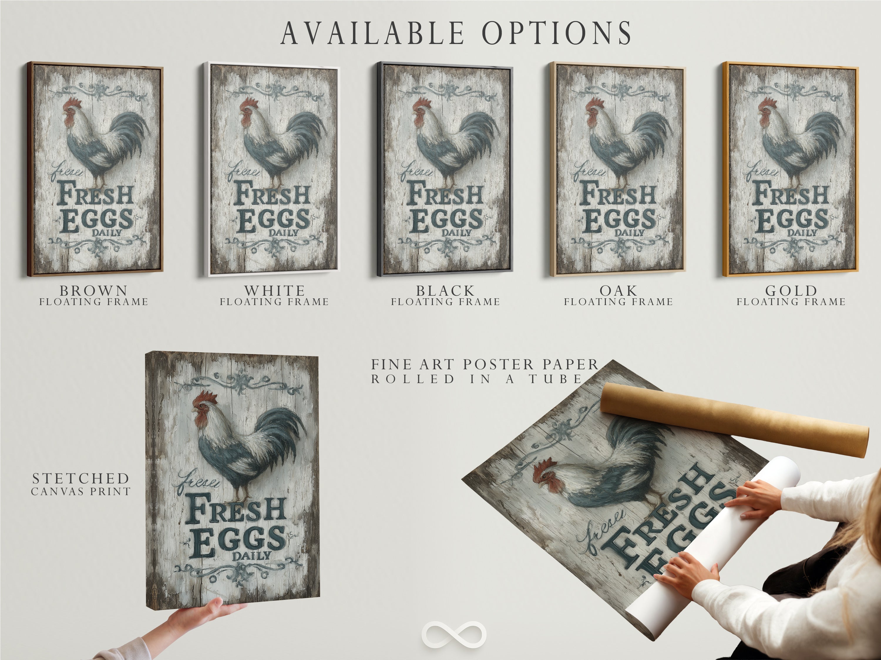 Available options for rooster artwork. Choose from a stretched canvas print fine art poster paper or floating frame. The Fresh Eggs Daily sign adds rustic charm. Perfect for farmhouse kitchens. Customize your artwork today.