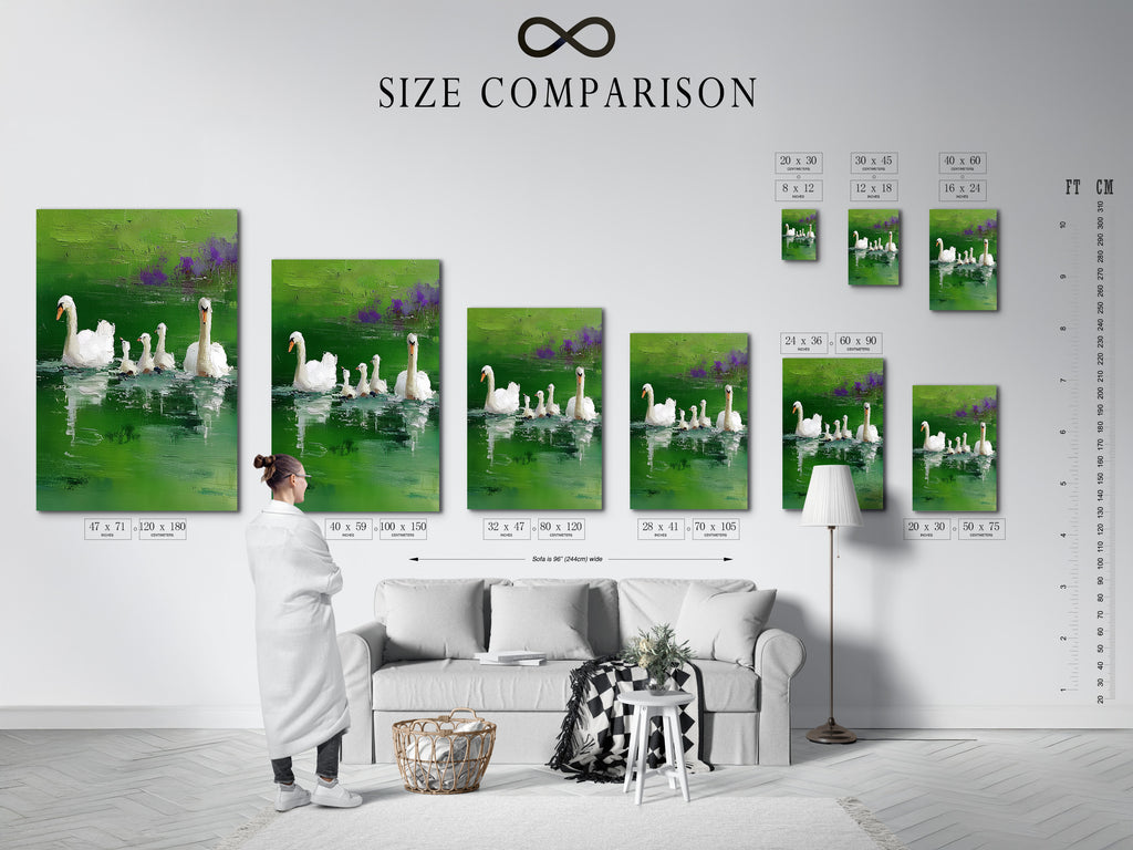 A size comparison chart is shown in an interior setting. Various sizes are displayed to help visualize the artwork's impact. The chart assists in choosing the perfect size. It ensures the artwork fits seamlessly into your space. This is ideal for planning your decor.