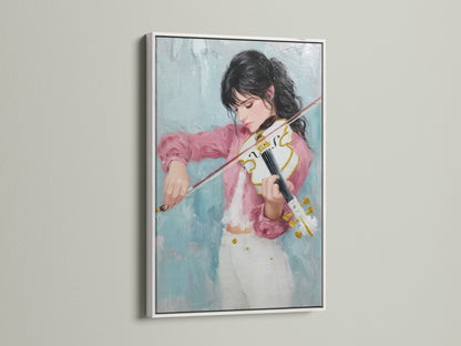 A stunning violinist art print is presented in a white frame. The artwork is a beautiful blend of pink and teal. It makes a striking addition to any decor. A perfect piece for music enthusiasts and art collectors alike. Transform your space with this musical artwork.