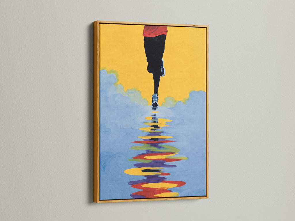Runner Canvas Print with a gold frame. This abstract marathon wall art is a modern sport artwork. A great gift for any athlete. Perfect Contemporary Wall Decor for minimalist styles. Add a touch of elegance to your studios.
