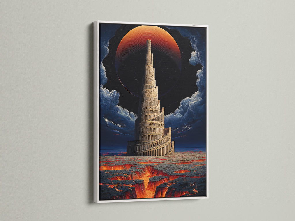 A Tower of Babel art print is showcased in a white frame. The fantasy canvas art brings a spiritual element to any room. Its architecture print stands out against the dramatic sky. It will elevate your religious wall art.