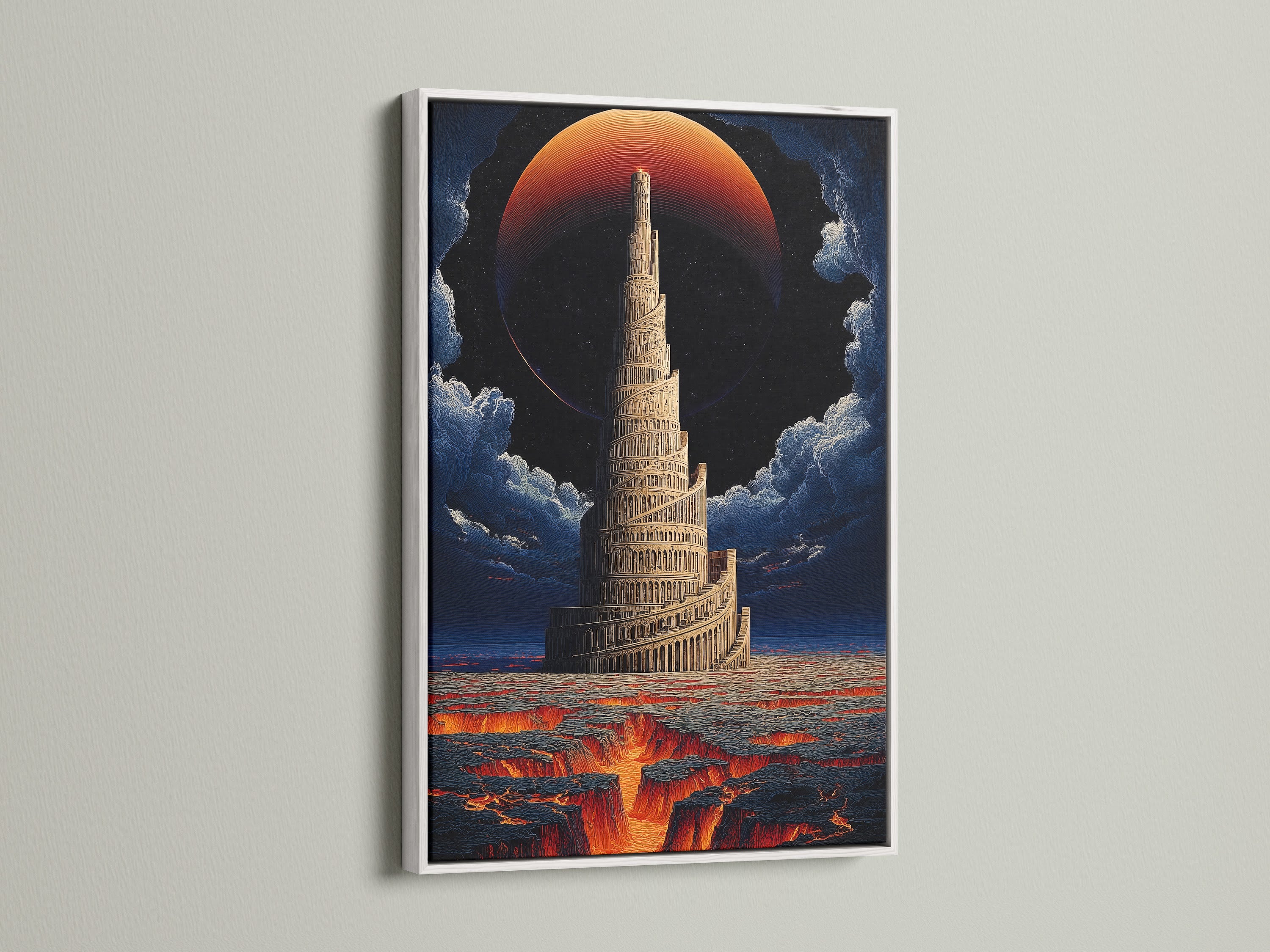 A Tower of Babel art print is showcased in a white frame. The fantasy canvas art brings a spiritual element to any room. Its architecture print stands out against the dramatic sky. It will elevate your religious wall art.