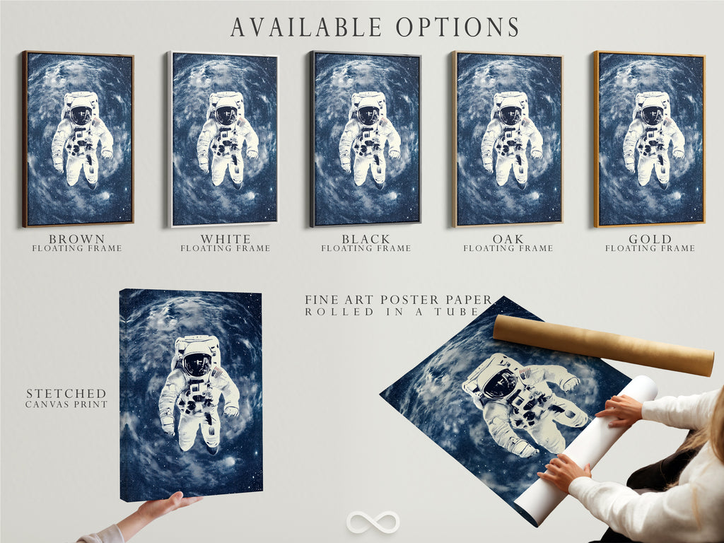 Available options include a stretched canvas print fine art poster paper and a floating frame. The astronaut space art can be customized to your preference. Select the perfect format for your blue galaxy wall art NASA poster.