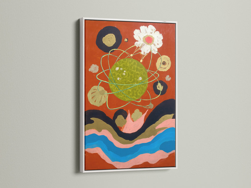 This cosmic abstract art print is displayed in a white frame. The celestial wall art is a modern surreal canvas art. This abstract collage features planetary art. It is vibrant wall art that adds a contemporary touch to any space.